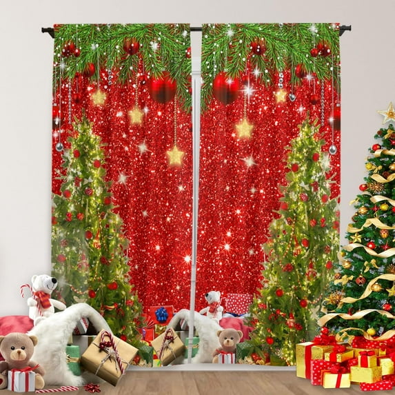 Christmas Window Curtain Glitter Red Bokeh Print Curtains for Living Room Winter Xmas Tree Curtains Home Decor Rod Pocket Darkening Drapes for Bedroom 84 in x 84 in