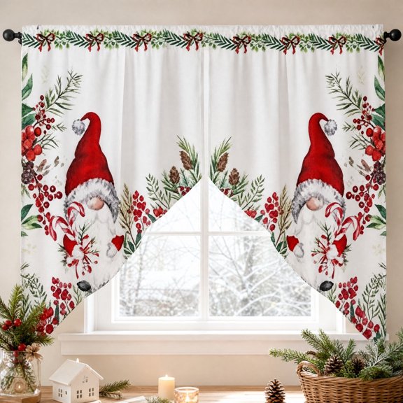 Christmas Window Curtain Two Piece Set Irregular Drapes Festive Sheer Valance for Living Room Bedroom Holiday Party Interior Decoration Styling (Multicolor)
