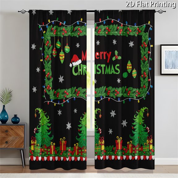 Christmas Window Curtains Split-Panel Set, Black Background Xmas Tree Gift Box Snowflake String Light Print, Light-Filtering Polyester Holiday Drapes for Living Room Bedroom Decor