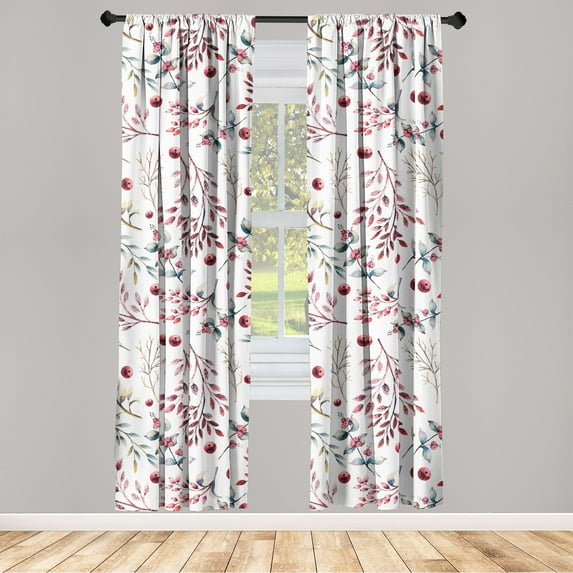 Christmas Window Curtains, Watercolor Style Winter Branches and Berries New Year Themed Pattern, Lightweight Decor 2-Panel Set with Rod Pocket, Pair of - 28"x84", Pale Maroon Grey Teal, by Ambesonne
