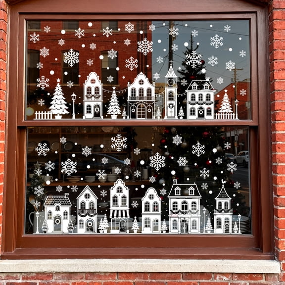 Christmas Window Decorations, Minimalist Winter Town Line Art for Holiday Home and Retail Display, Seasonal Frosty Window Decal Set of 4