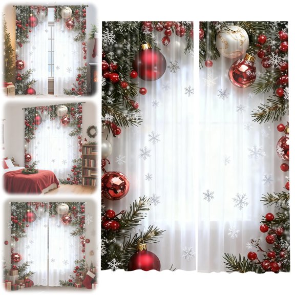 Christmas Window Drapes - 2 Pieces Decorative Curtains | Snowflake and Pine Print Flat Panels | Festive Winter Drapes for Living Room, Bedroom, and Indoor Holiday Home Decoration