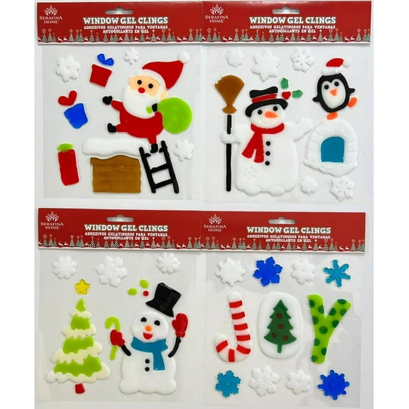 Christmas Window Gel Clings: Winter Snowmen Snowflake Reindeer Gingerbread Santa Claus Decorations with Google Eyes and Gems for Home Office Business