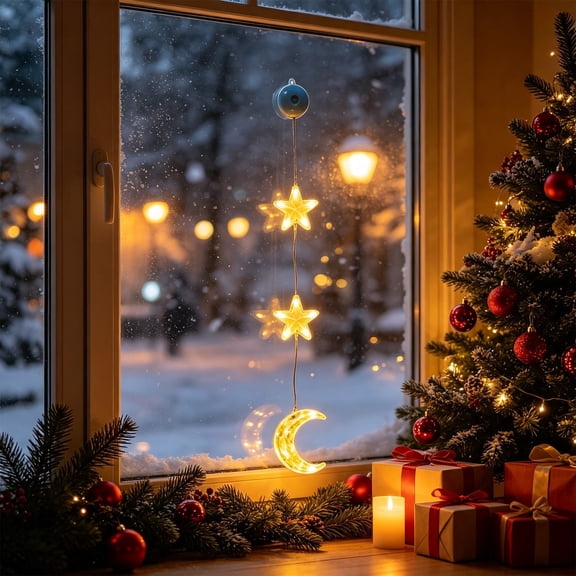 Christmas Window Hanging Light, Suction Cup Battery LED Curtain, Star Snowflake Tree