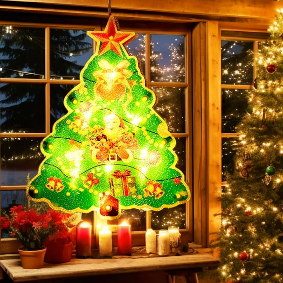 Christmas Window Hanging Lights, Battery Powered LED Window Stickers for Home Shop Decor, Double Sided Merry Christmas Decoration(E)