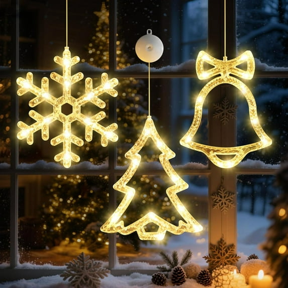Christmas Window Lights Decorations - 3 Pack Battery Powered Multicolor LED Snowflake Tree Bells with Timer for Indoor Decor, Perfect for 2026 Xmas Tree & Fireplace