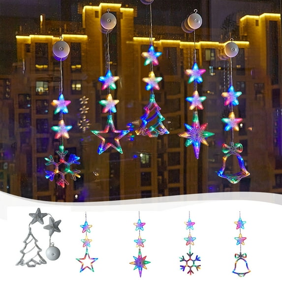 Christmas Window Lights Decorations Battery Powered Tree Jingle Bell Star Shaped Multicolored LED Sucker Lamp with Suction Cup for Xmas Tree Fireplace Decor