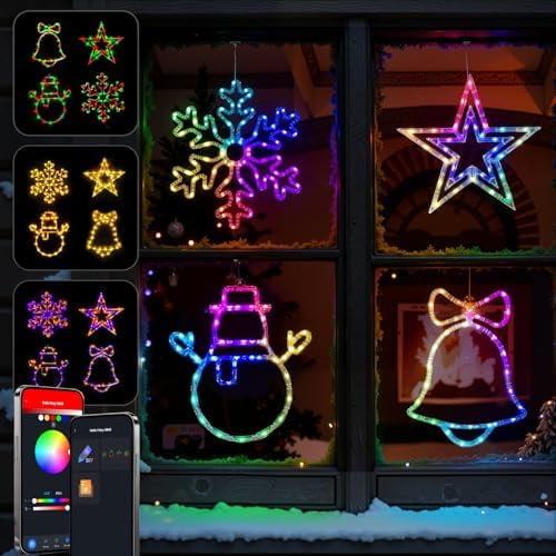 Christmas Window Lights Decorations, Christmas Window Silhouette Lights App Control  Changing DIY Scene Mode Timer, 4Pack Snowflake Snow Man Star Bell for Holiday Indoor Wall Door Decor