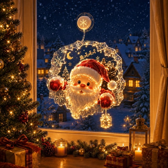 Christmas Window Lights for Window and Glass Door Decor, 7.09 Inch Acrylic Santa Claus Hanging Ornament, Warm LED Festive Winter Holiday Indoor Party Decor