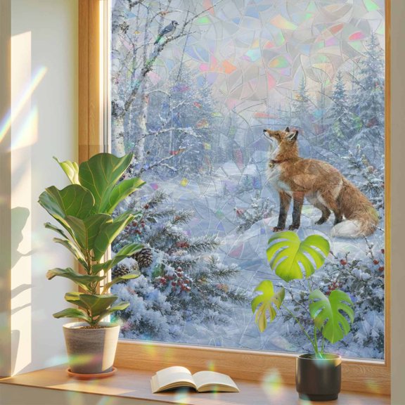 Christmas Window Privacy Film Rainbow Static Cling Stain Glass Window Film for Glass Door, Decorative Sunroof Decal Sticker for Car Home 17.7"x39.3" Winter Forest Fox Pine Trees Branches Birds Snowy