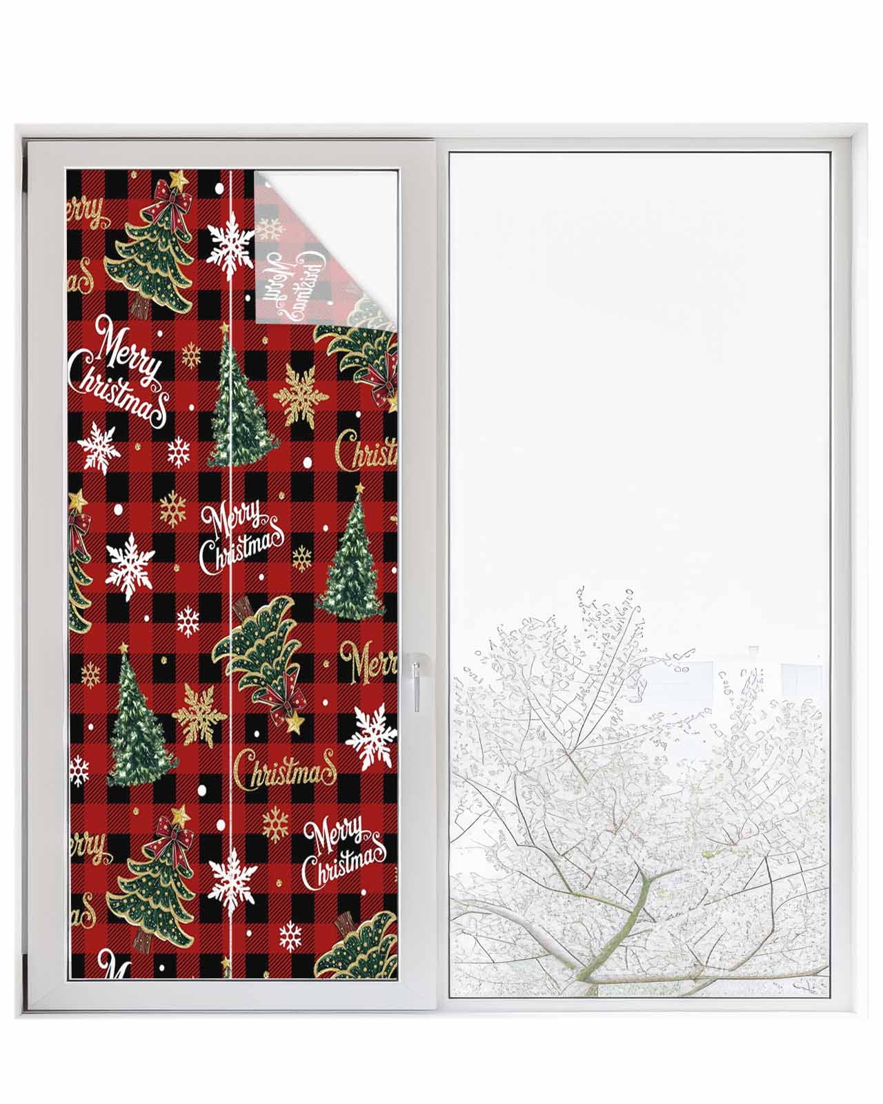 Christmas Window Privacy Film Stained Glass Window Film Decorative Windows Cover Static Windows Cling for Glass Door Pine Tree Gold White Snowflake Red Black Plaid Stickers for Bathroom 23.6"x59"