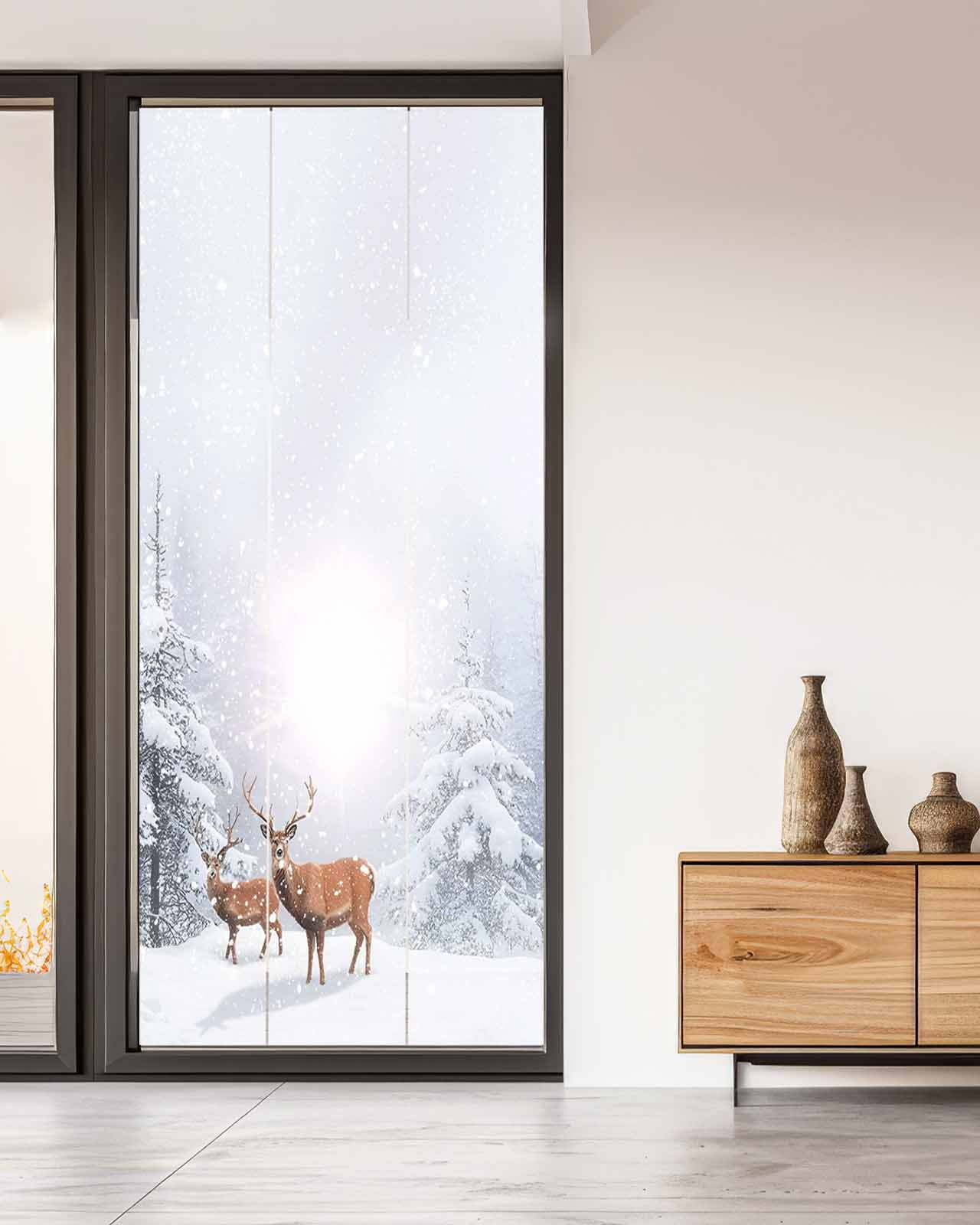 Christmas Window Privacy Film Stained Glass Window Film Decorative Windows Cover Static Windows Cling for Glass Door Winter Deer Pine Trees Nature Snow Scene Stickers for Bathroom 35.4"x78.7"