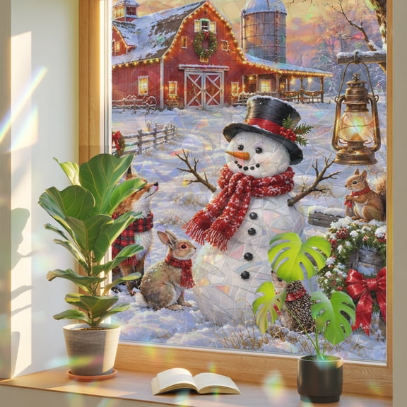 Christmas Window Privacy Film, Winter Country Farmhouse Snowman Red Barn Snowy Static Cling Stained Glass Window Sticker Decorative Removable Rainbow Film for Glass 23.6”x59”