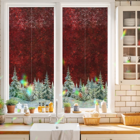 Christmas Window Privacy Film Winter Snowy Evergreen Trees Forest Deep Red Backdrop Static Cling Stained Glass Window Film Non-Adhesive Decorative Decals Rainbow Sticker 17.7"X39.3"