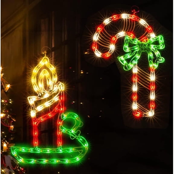 Christmas Window Silhouette Lights Decorations Pack of 2 Lighted Candle and Candy Cane Christmas Window Lights for Christmas,Party,Home,Patio Lawn,Garden