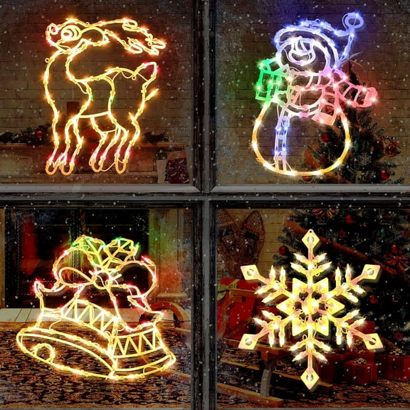 Christmas Window Silhouette Lights Decorations, Pack of 4 Sign Lighted Snowflake, Snow Man, Bell, and Deer for Holiday Indoor Wall Door Glass Decor