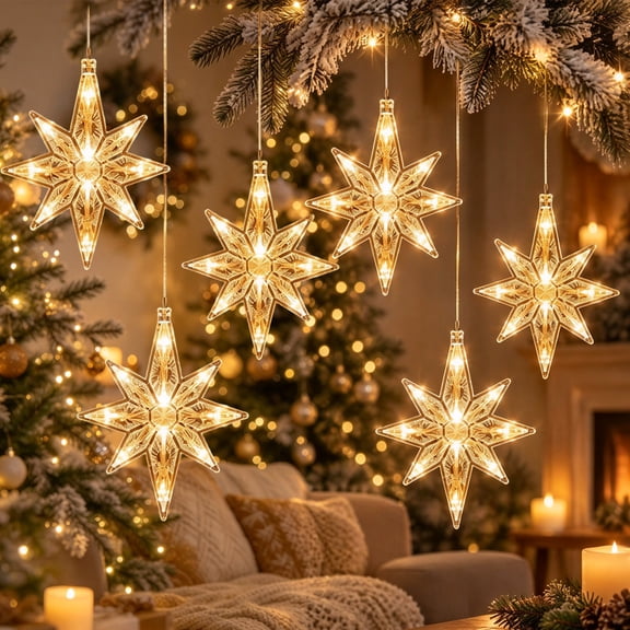 Christmas Window Star Lights, Large Hanging Bethlehem Star Tree Topper Decoration, Christmas LED Window Lights Silhouette Decoration, Christmas Window Decorations(6PCS)