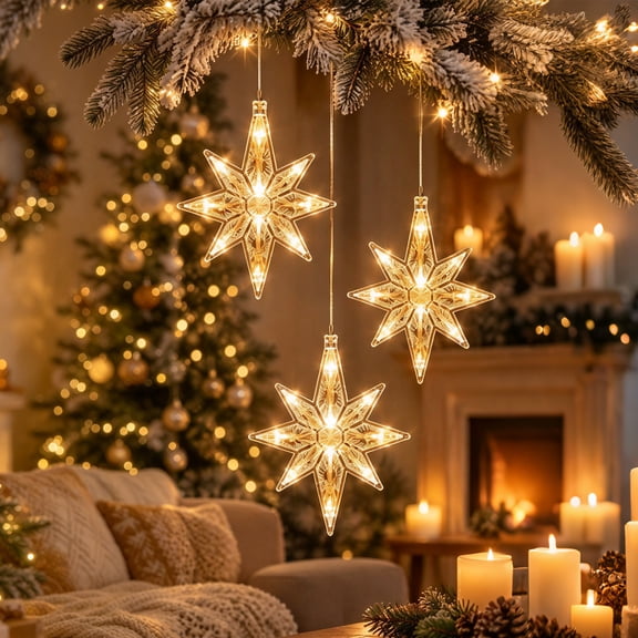 Christmas Window Star Lights, Large Hanging Bethlehem Star Tree Topper Decoration, Christmas LED Window Lights Silhouette Decoration, Christmas Window Decorations(3PCS)