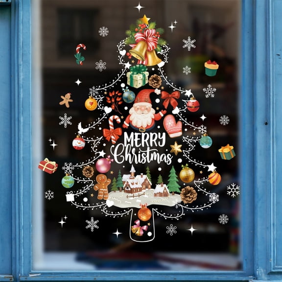 Christmas Window Sticker Cartoon Santa Snowflake Window Clings Decals Static Electricity Sticker Glass Wall Decor Home