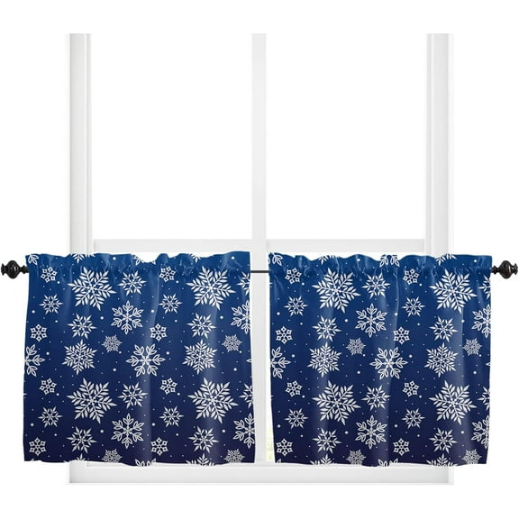 Christmas Window Tier Curtains 24 Inch Length, Xmas Snowflake Blue Merry Christmas Rod Pocket Window Treatment Kitchen Drapes for Bedroom, Cafe, Living Room, 2 Panels, 27.5 W x 24 L