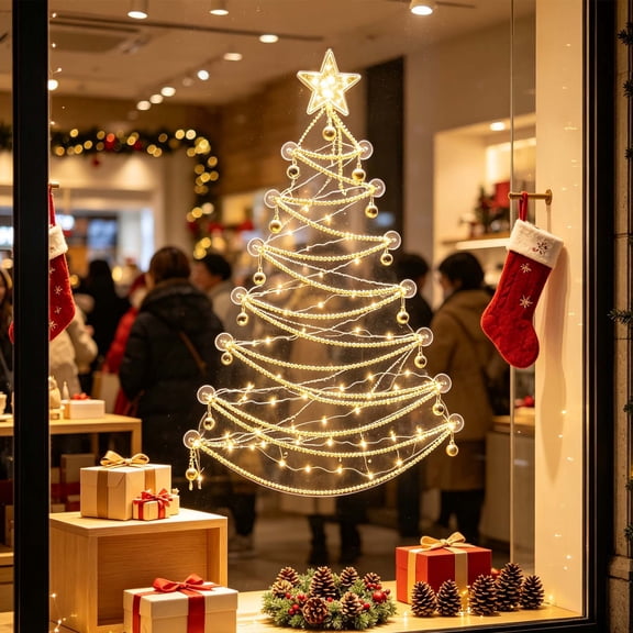 Christmas Window Tree Lights 4.3FT Hanging Decoration with Star Topper, Pearl Chains, Baubles and Suction Cups for Glass, Battery Operated Indoor Holiday Display for Living Room and Storefront