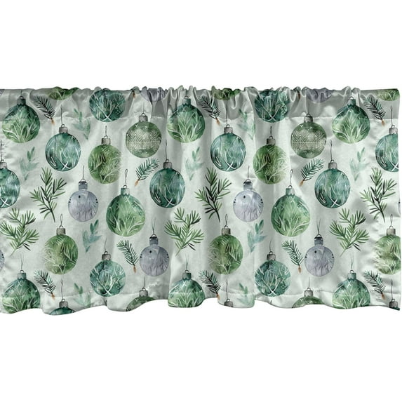 Christmas Window Valance Pack of 2, Illustration of Balls Globes and Pine Leaves Xmas Time Family Love, Rod Pocket Curtain Valances for Kitchen Bedroom, 54" X 18", Pale Mint Green and White