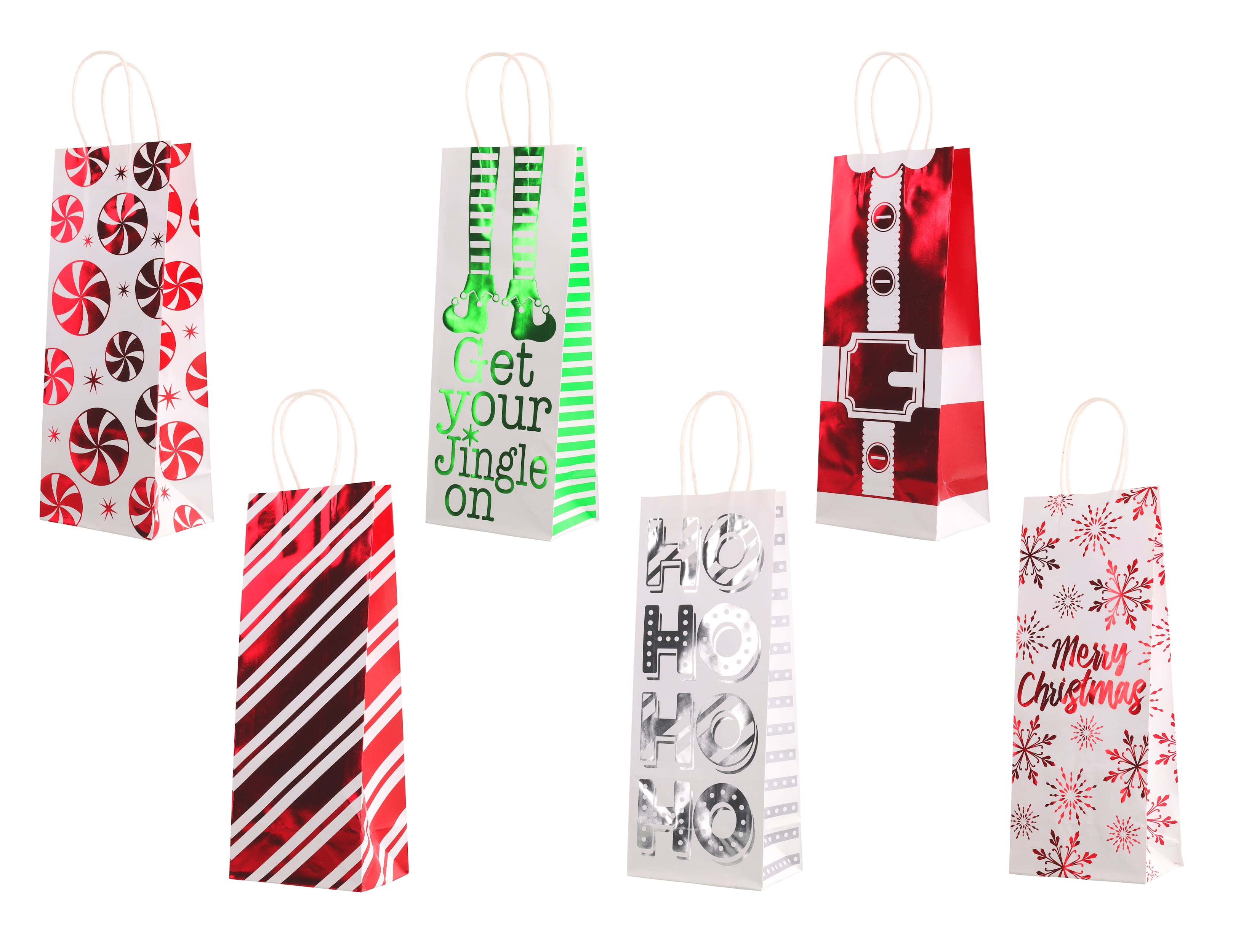Christmas Wine Bottle Gift Bags with Foil Hot Stamp (Set of 6)