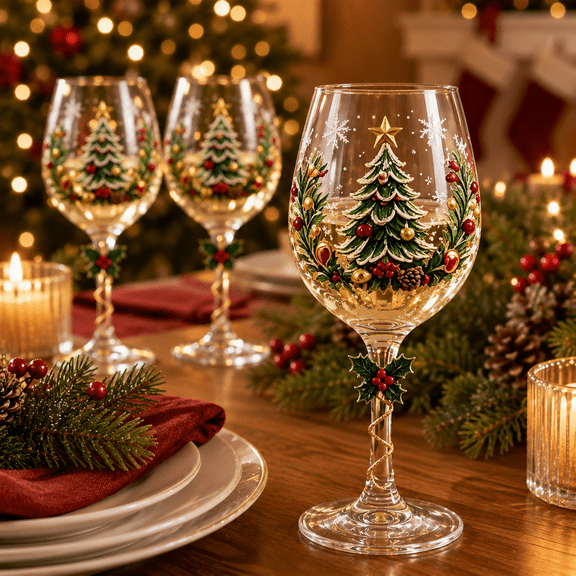 Christmas Wine Glass,7.2in Hand-Painted Crystal Goblets, Festive Holiday Stemware with Rim Details, Elegant Glassware for Wine and Cocktails B