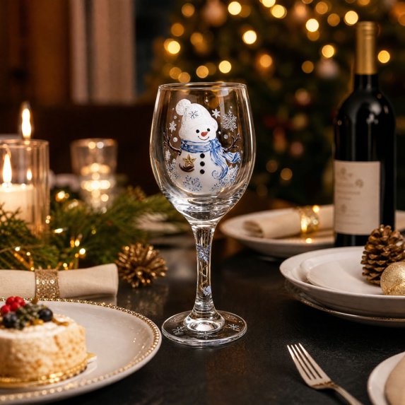 Christmas Wine Glass Snowman Design 12oz, Holiday Stemware with Smooth 2D Print, Xmas Party Table Decor & Secret Santa Gift for Wine Lovers & Mom