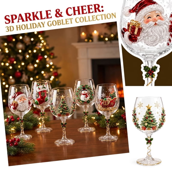 Christmas Wine Glasses 3D Christmas Painted Drinking Glasses Gold Spiral Stem Christmas Decorated Cute Glass Cups Festive Holiday Table Decor