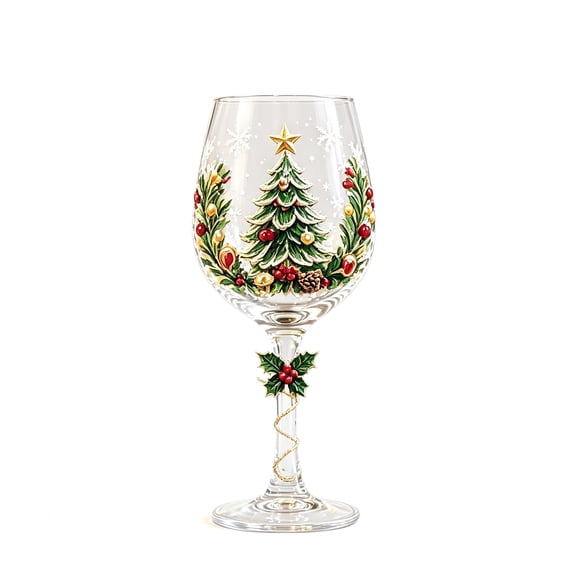 Christmas Wine Glasses Set of 4, Hand‑Blown Lead‑Free Crystal Stemmed Goblets, Festive Holiday Stemware with Decorative Rim, for Red & White Wine, Winter Tabletop Decor(E)