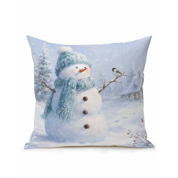 Christmas Winter 16x16 Inch Outdoor Throw Pillow with Insert, Set of 1 Rustic Ice Blue Snowman Bird Snowy Pine Tree Waterproof Decorative Square Cushions for Patio Porch Couch Sofa
