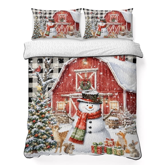 Christmas Winter 3 Piece Quilt Set King Size, Farmhouse Rustic Red Barn Snowman Christmas Tree Soft Bedspread Coverlet Bedding Set Microfiber Lightweight Comforter Set with 2 Pillowcases for Bedroom