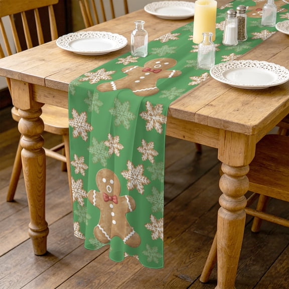 Christmas Winter 4.5ft Cheesecloth Table Runner for Wedding 19"x55", Gingerbread Man Snowflakes Green Background Kitchen Dinner Sheer Tulle Chiffon Dresser Scarf, Holiday Party Decorations