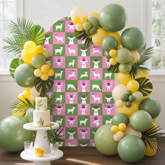 Christmas Winter Arch Backdrop Cover, 4FT, Minimalist Reindeer Pink Green Checkerboard Grid Spandex Arch Covers Double-Sided Backdrop for Wedding Birthday Party Photo Background Decoration