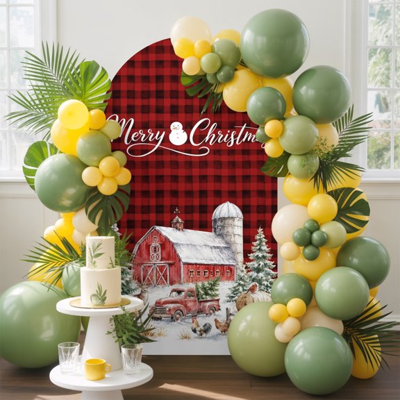 Christmas Winter Arch Backdrop Cover, 4FT, Rustic Farmhouse Barn Truck Pine Tree Red Gingham Spandex Arch Covers Double-Sided Backdrop for Wedding Birthday Party Photo Background Decoration