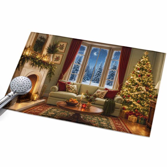 Christmas Winter Area Rug 2'x3', Rustic Bright Bay Window Sofa Christmas Tree Mat Non-Slip Silicone Backing Machine Washable Area Rugs for Front Door Kitchen Sink Area
