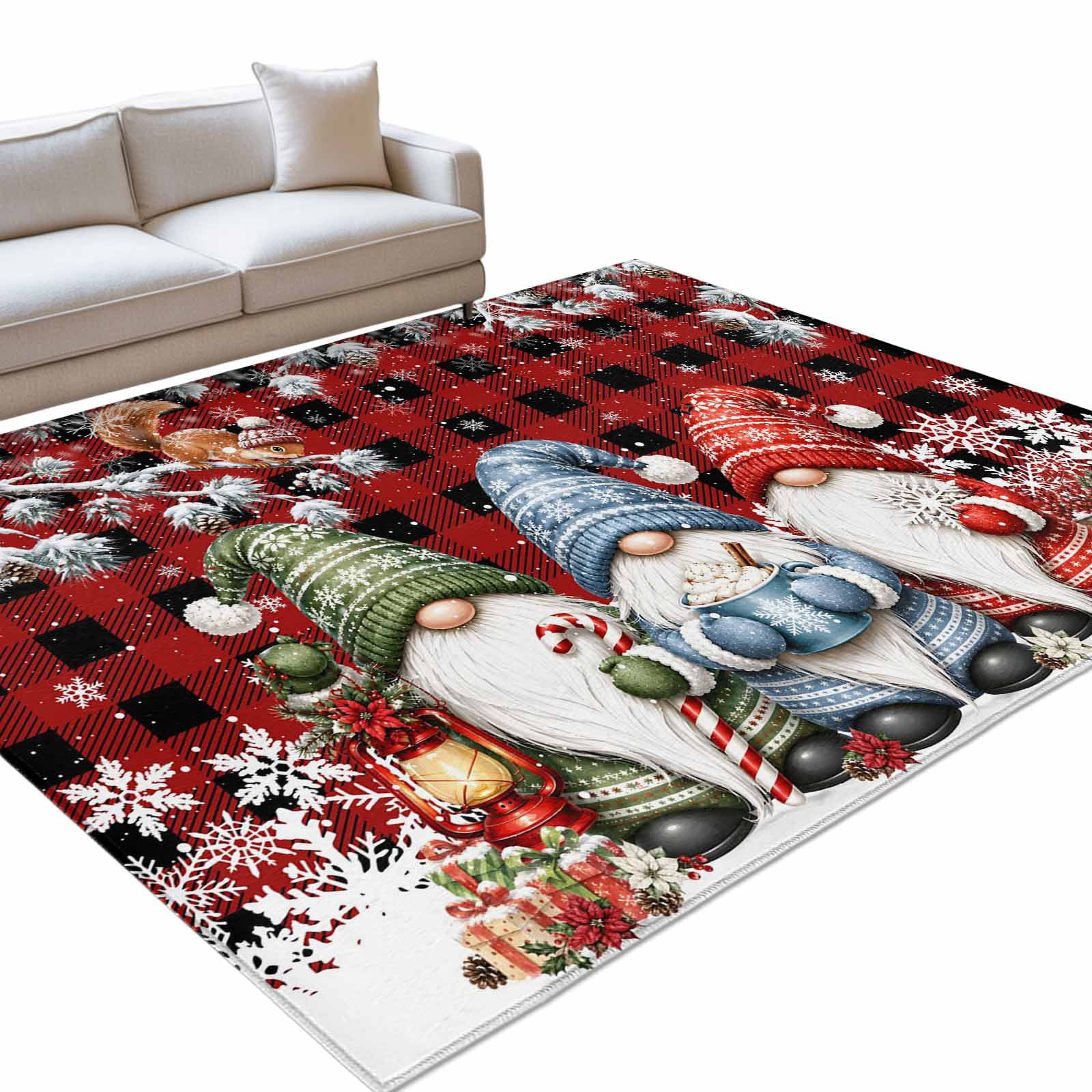 Christmas Winter Area Rug 3'x5', Rustic Gnomes Trio Squirrel Red ...