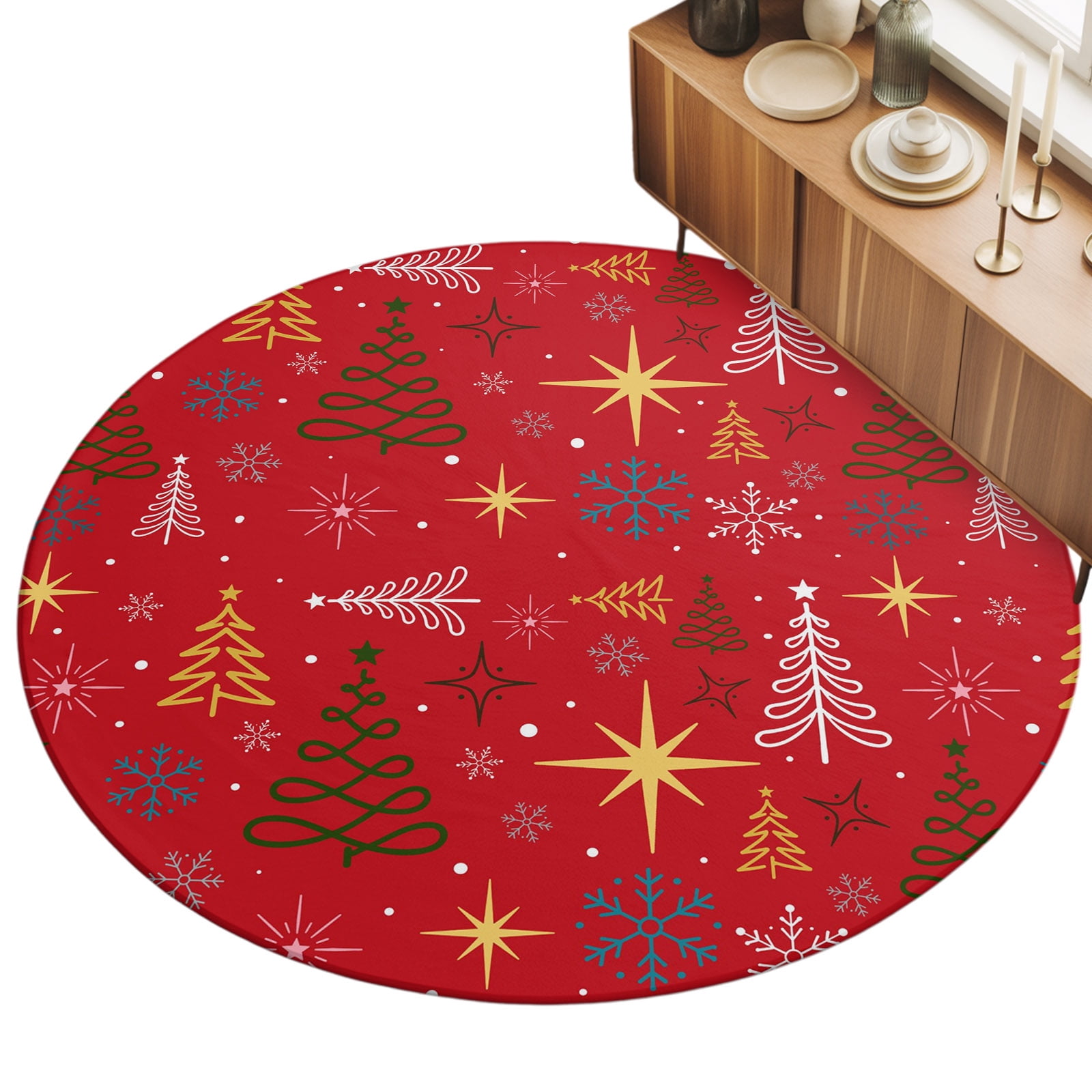 Christmas Winter Area Rug 5', Minimalist Pine Tree Gold Star Snowflake ...