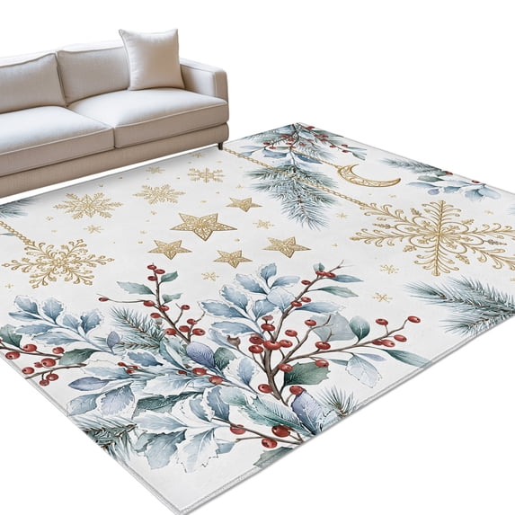 Christmas Winter Area Rug 5'x8', Rustic Gold Snowflake Holly Berry Pine ...
