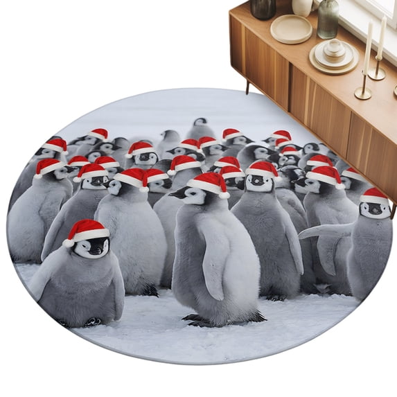 Christmas Winter Area Rug 6', Rustic Red Santa Hats Penguin Chicks Snow ...