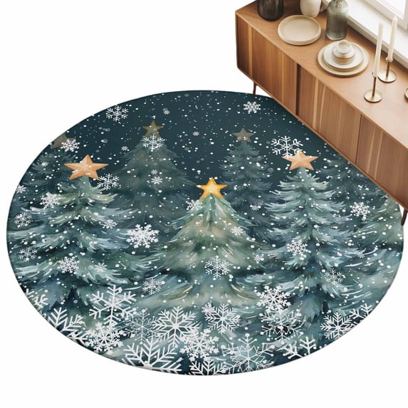 Christmas Winter Area Rug 7', Green Pine Trees Forest Star Toppers ...