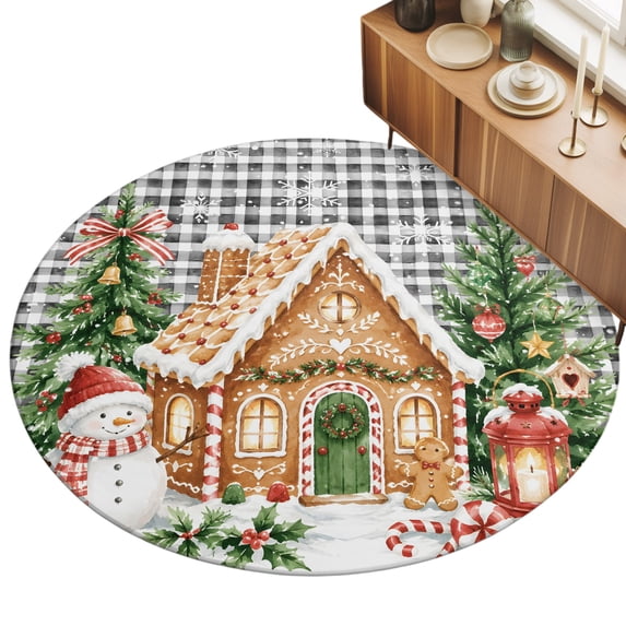 Christmas Winter Area Rug 8', Rustic House Snowman Black Gingham Soft ...