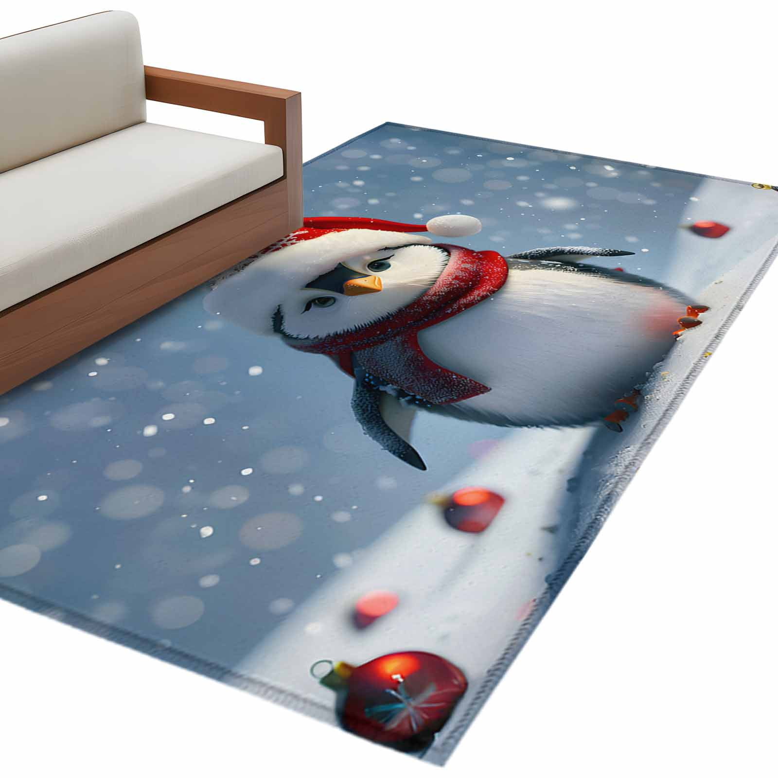 Christmas Winter Area Rug 2.7x5ft Snowflake Red Ball Funny Penguin Non ...