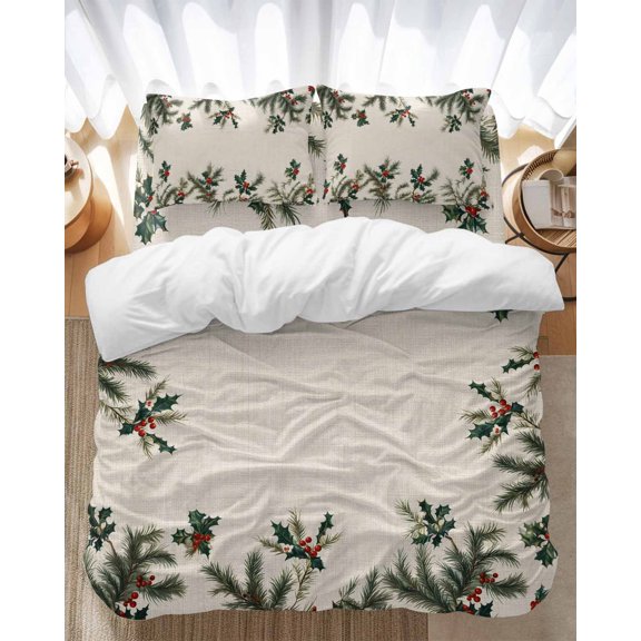 Christmas Winter Bedding Duvet Cover Set Full Size 4 Pieces Pine Needle Plants Berries Linen Pattern Bedding Set with Zipper Closure, 1 Comforter Cover 86x86 Inches 1 Flat Sheet & 2 Pillow Cases