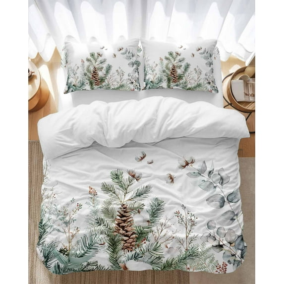 Christmas Winter Bedding Duvet Cover Set Queen Size 4 Pieces Eucalyptus Leaf Cedar Fruit Plants Bedding Set with Zipper Closure, 1 Comforter Cover 90x92 Inches 1 Flat Sheet & 2 Pillow Cases