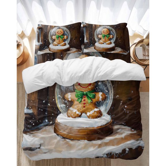 Christmas Winter Bedding Duvet Cover Set Twin Size 4 Pieces Snowflake Gingerbread Man Green Bow Bedding Set with Zipper Closure, 1 Comforter Cover 68x86 Inches 1 Flat Sheet & 2 Pillow Cases