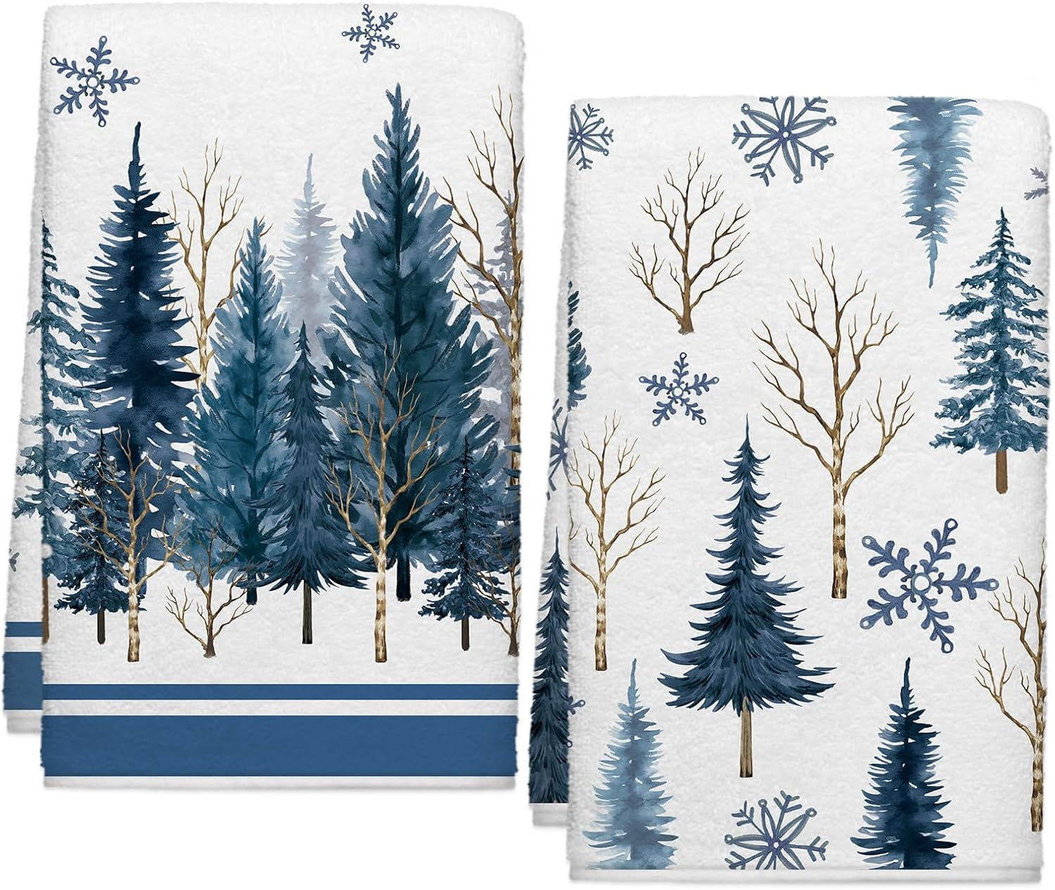 Kicthen Clean Signs Christmas Winter Blue Watercolor Pine Tree Kitchen Towels Set of 2 ...