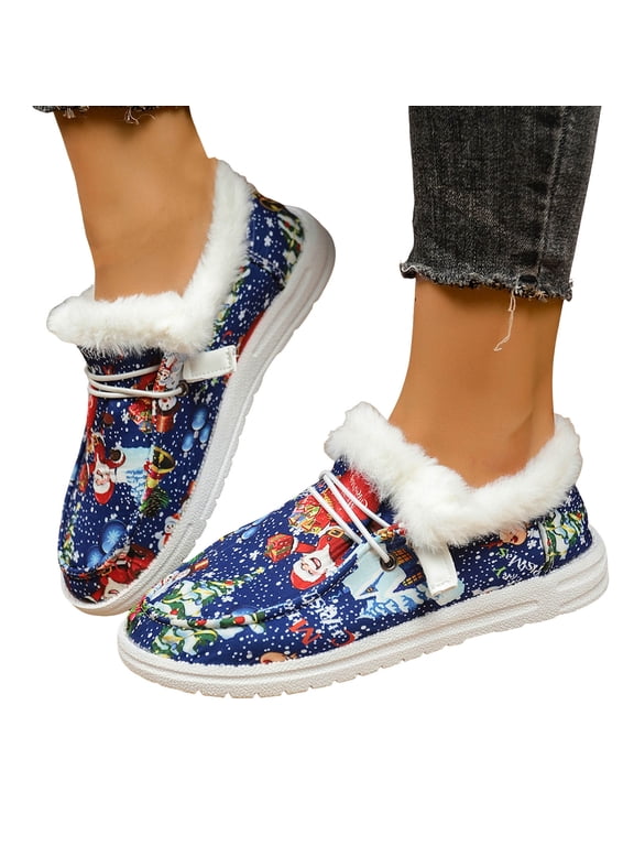 Christmas Winter Boots for Women 2025 Xmas Fuzzy Snow Ankle Booties Santa Casual Cozy Slip on Penny Loafer Flats Walking Shoes A Size 6