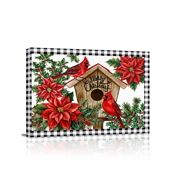 Christmas Winter Canvas Print Wall Art Framed Canvas Art Wall Decor Cardinal Flowers Bird Poinsettia Log Cabin Pictures Painting Morden Artwork for Living Room Bedroom, Ready to Hang - 12"x16"